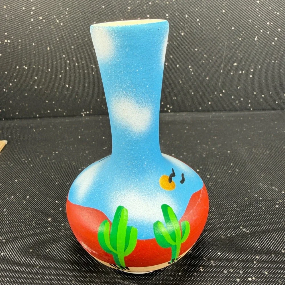Tesa by Maack Co Desert Landscape Pottery Vase Hand Painted Cactus 5in Blue Red